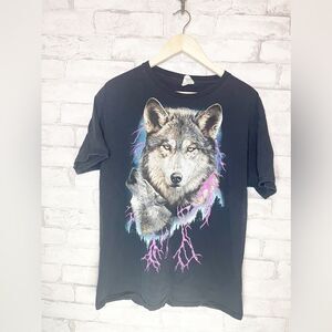 Vintage Y2K Wolf Dog Graphic Tee With Purple and Blue Lightning Short Sleeve